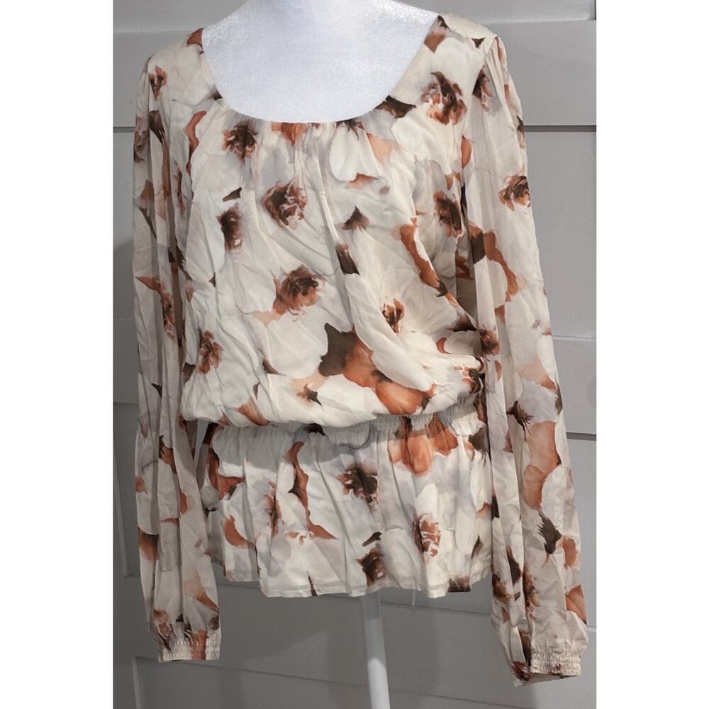St. John Cream Fl Blouse W/Rust & Orange Elastic Waist Size 6 MSRP$549